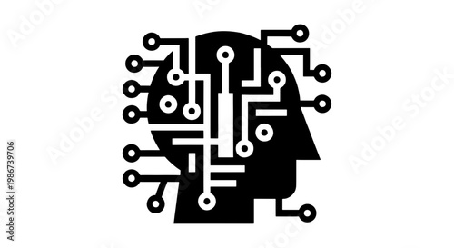 Artificial intelligence head icon with circuit board patterns, digital human brain concept vector, black silhouette of robotic mind and technology