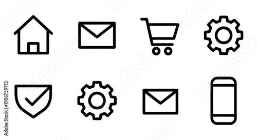 Minimalist black line web icons set, 8 essential UI elements for mobile apps, clean outline symbols for e-commerce and digital navigation interfaces