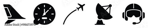 Modern aviation and air travel glyph icons set featuring airplane tail, flight instrument, aircraft path, radar, and pilot helmet for aerospace and transportation projects.