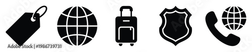 Collection of essential black silhouette travel, communication, pricing, and security icons suitable for modern web interfaces, business presentations, mobile applications, and graphic