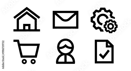 Minimalist black line business icons set, 6 vector web symbols including home and mail, modern interface elements for website and mobile app design
