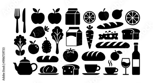 Minimalist food icons set, black silhouette grocery symbols and kitchen elements, flat vector collection for restaurant menus and grocery apps