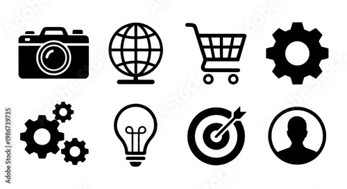 Minimalist black web icons set, 8 flat vector symbols for business and technology, clean interface elements for website design and mobile apps