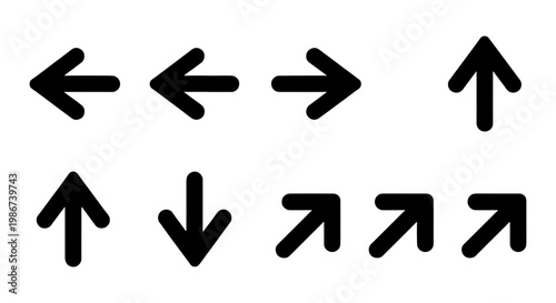 Minimalist black arrow icon set, 8 directional navigation arrows vector, bold rounded pointer symbols for web design and UI interface