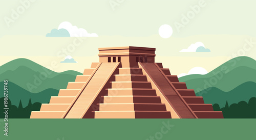 Ancient Mayan pyramid temple located in a lush green jungle and mountain valley under a bright sky with soft clouds in central america.