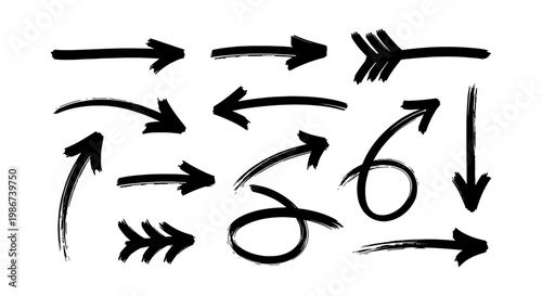 Hand-drawn brush stroke arrows, set of 11 black ink pointer vectors, grunge charcoal arrow icons for business presentations and creative design