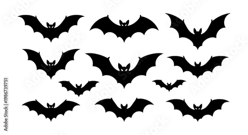 Halloween bat silhouettes collection, set of 11 black flying bats, spooky vampire bat icons for holiday decor and graphic design projects