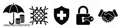 Comprehensive protection, health safety, financial security, and trusted partnership agreement vector icons for business solutions and insurance concepts