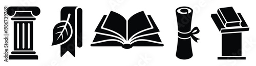 Collection of academic and historical icons representing education, knowledge, and literary pursuits for university branding, publishing concepts, and cultural heritage promotion