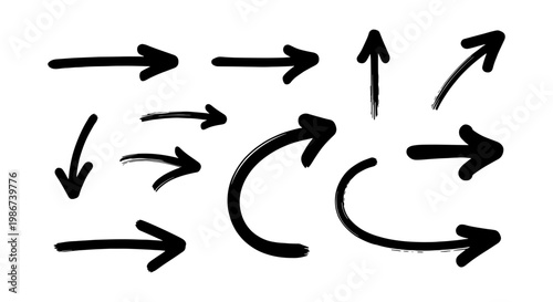 Hand drawn black ink arrow set, 11 brush stroke pointer icons, grunge charcoal texture direction symbols for infographics and presentations