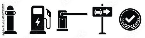Collection of vehicle infrastructure icons for transportation apps EV charging services access control systems and directional signage