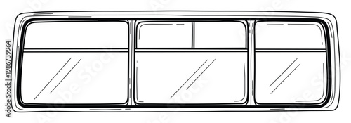 Sketchy representation of a classic camper van window divided into several glass sections suitable for automotive graphics, journey concepts, and outdoor adventure themes