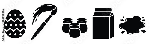 Creative set of art supplies including an Easter egg, paintbrush, paint pots, milk carton, and liquid splat ideal for graphic design projects and childrens craft activities.