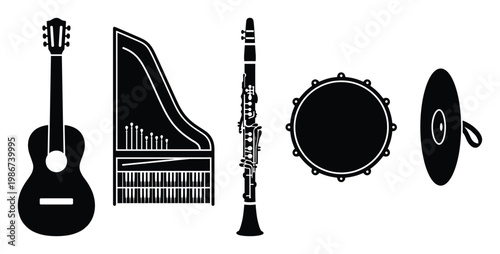 Collection of diverse musical instruments including string, keyboard, woodwind, and percussion for music education materials or graphic design projects