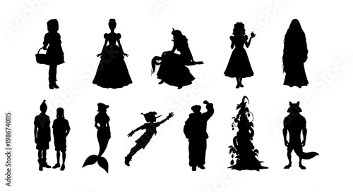 Fairytale character silhouettes set, black vector icons of princess and mermaid, fantasy storybook figures collection for children's design