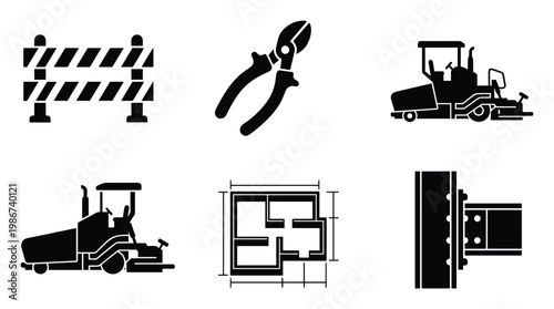 Comprehensive set of construction and engineering icons featuring road barrier, heavy duty cutter, asphalt paver, architectural floor plan, and steel beam connection for industrial design