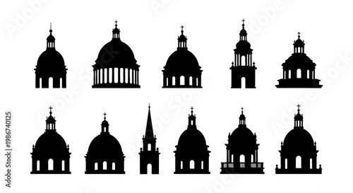 Classical architectural dome silhouettes, set of 11 cathedral and church roof icons, black building cupola vector shapes for city maps and logos
