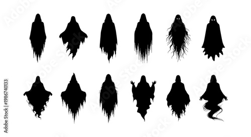 Spooky ghost silhouette collection, 12 creepy phantom vector shapes, dark halloween spirit icons, tattered floating wraith and specter set