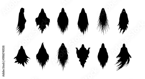 Spooky ghost silhouette collection, 12 black phantom vector icons, creepy halloween spirit character set, dark haunting apparition design elements