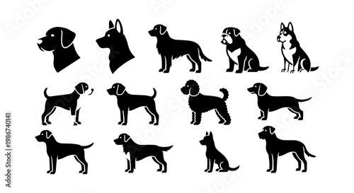 Black dog silhouettes set, 13 vector icons of various dog breeds, minimalist canine profile illustrations for pet shop branding and animal logos