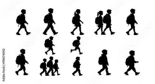 School children silhouettes with backpacks, set of 13 student vector icons walking to class, primary school kids going to school back view