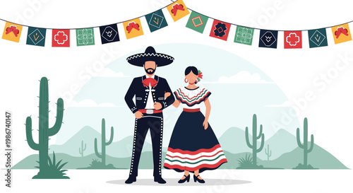 Traditional Mexican couple wearing authentic folk costumes standing in a desert landscape with cactus and colorful bunting.