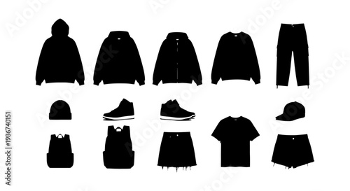 Streetwear clothing silhouette set, 14 fashion apparel icons including hoodies and sneakers, black garment outlines for tech packs and design