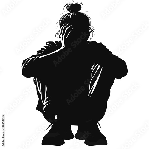 Black silhouette woman, crouching girl, bun hairstyle, monochrome illustration, people icon