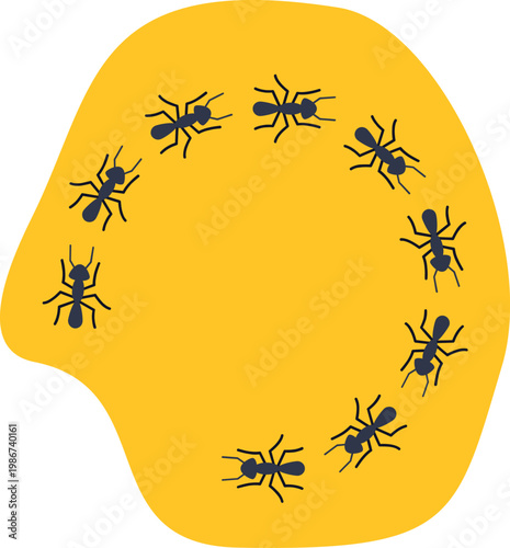 Ants walking in a circular pattern on an abstract yellow shape representing a common insect behavior