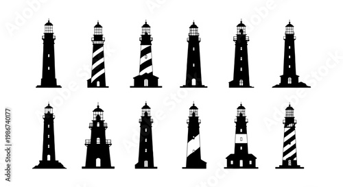 Lighthouse silhouette vector set, 12 black nautical tower icons, coastal navigation building symbols, maritime sea safety beacon collection