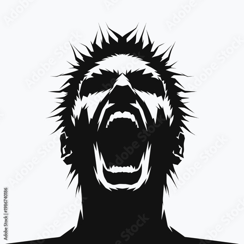 Angry screaming face, black silhouette, vector illustration, emotive expression, graphic design element