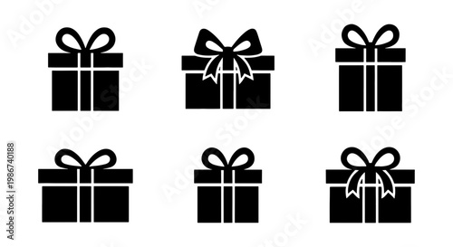 Black gift box icon set, 6 minimalist present silhouettes with ribbons, flat vector holiday gift symbols for celebration and e-commerce