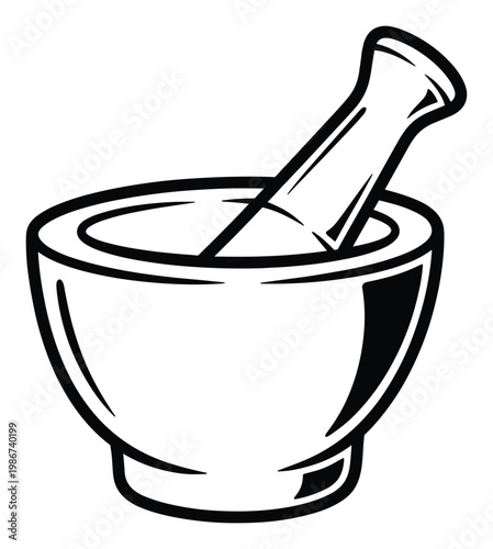 Monochrome outline of a mortar and pestle, an ancient tool for grinding spices, herbs, or medicinal compounds, ideal for culinary, pharmaceutical, or educational graphics.