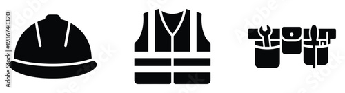 Essential worker safety gear and professional tools icon set representing various industrial and construction professions for occupational safety applications