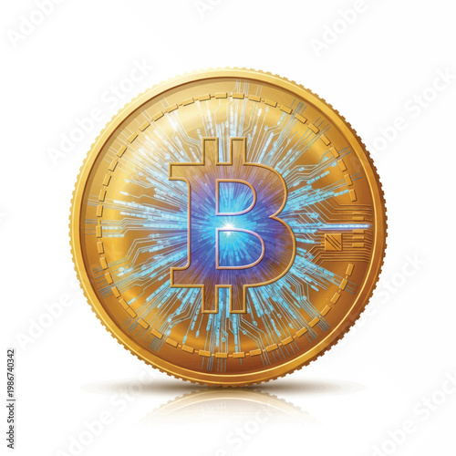Shiny Bitcoin Coin Emblem with Electric Blue Circuitry Design on a Gleaming Gold Surface.