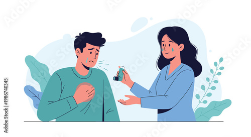 Caring young woman helping a man use an asthma inhaler to breathe during a respiratory emergency in a natural setting.
