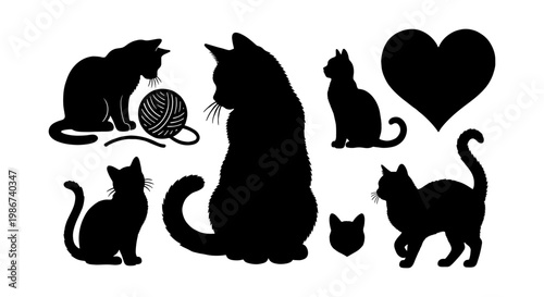 Black cat silhouette collection with heart and yarn ball, feline pet vector set in various poses, minimalist animal silhouettes for graphic design
