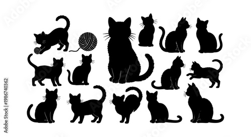 Black cat silhouette collection, set of 14 feline vector icons in various poses, domestic cat silhouettes with yarn ball for pet branding and design