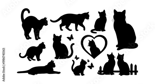 Black cat silhouettes collection, set of 10 feline vector shapes in various poses, domestic cat icons with heart and butterfly elements