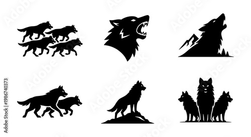 Wolf silhouette vector icons set, black predatory animal head and pack symbols, howling wild wolf mascot logo collection for branding