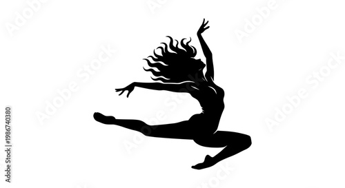Graceful dancer silhouette in mid-air leap, expressive female ballet performer vector, dynamic contemporary dance movement on white background