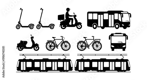 Urban transport icons set, black silhouette city vehicles and public transportation symbols, collection of 10 vector elements for city mobility