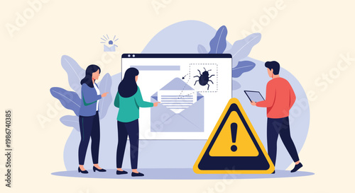 Concerned team of office workers analyzing a computer screen with a software bug icon and a large yellow warning sign alert.