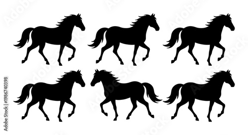 Black horse silhouette set, collection of 6 running stallion vector icons, wild mustang galloping profiles for equestrian sports and ranch branding