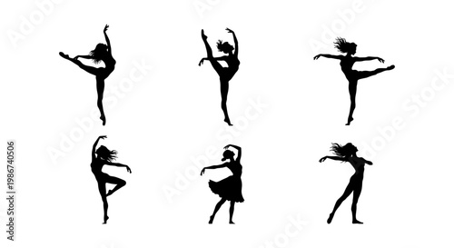 Graceful ballet dancer silhouettes, set of 6 ballerina vector icons, elegant female dancing poses, black aesthetic dance performance figures