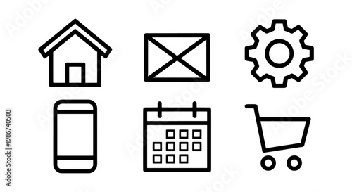 Minimalist black line icon set, 6 essential web and mobile app interface symbols, modern outline vector collection for business and e-commerce UI design