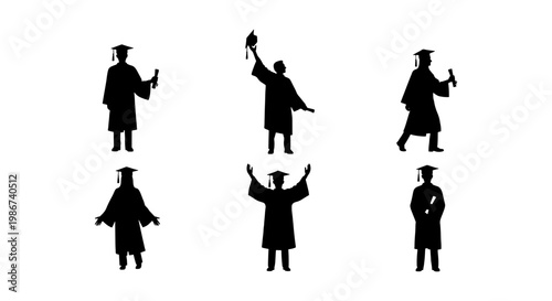 Graduation student silhouettes set, academic ceremony figures in gowns and caps, 6 vector elements of graduates holding diplomas and celebrating