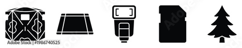 Essential camping and photography equipment icons including a tent, camera flash, memory card, and fir tree, ideal for outdoor adventure applications and graphic design projects.