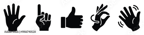 Set of hand gestures icons representing various human communications like stop attention approval ok and wave for interface design and user experience applications