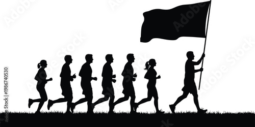 Silhouette of diverse group of people running together on grass field with leader holding large waving flag for community marathon and teamwork SEO maintain